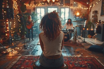 Obraz premium Casual young woman sits comfortably while observing friends play music surrounded by a homely setting with soft lighting and bohemian decor