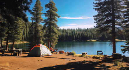 Camping in the forest and the morning sun see the beautiful nature trees and mountains Beautiful view of a tourist tent camping