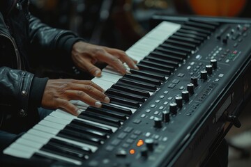 Obraz premium A duet of pianists engrossed in a musical collaboration on their electric keyboards under dim light
