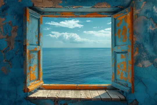 Fototapeta A serene ocean landscape seen through an antique blue window frame, evoking a sense of peace and nostalgia