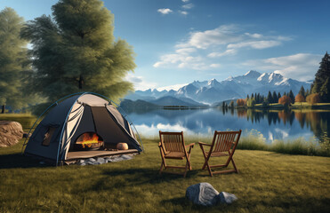 Camping in the forest and the morning sun see the beautiful nature trees and mountains Beautiful view of a tourist tent camping