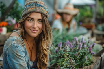A woman with a beanie hat smiles gently as she stands amidst a vibrant garden center full of greenery