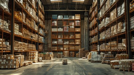 Expansive distribution warehouse interior showcases shelves stacked with palettes and goods, meticulously organized for market readiness