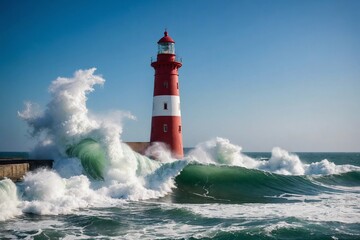 violent sea waves crashing on Lighthouse, daytime wide angle