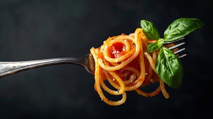 Delicious Italian pasta draped in tangy tomato sauce, artfully twirled on a metal fork and garnished with a fresh basil leaf