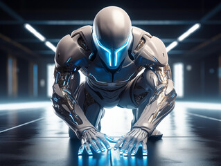 White robot image ai technology sci fi style neon blue powerful mind futuristic three-dimensional tech and artificial intelligence