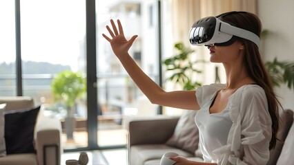 Woman in living room using virtual reality goggles and gesture control. Concept Virtual Reality Technology, Gesture Control, Living Room Setting, Modern Gadgets, Futuristic Experience