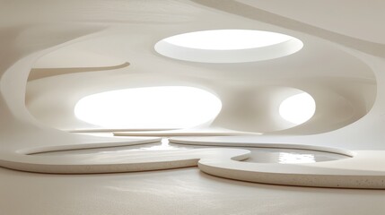   A white room features round windows and a circular table in its center