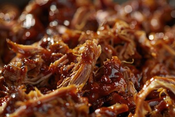A pile of pulled pork on a table, perfect for food-related projects