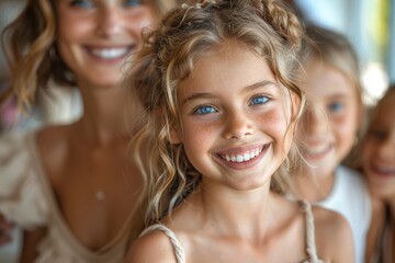 Close-up of a smiling girl with sparkling blue eyes and braided hair with a group of friends