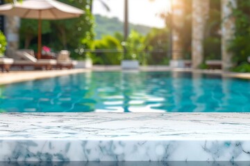 Empty white marble stone table top and blurred swimming pool in tropical resort in summer banner background - can used for display or montage your products. generative ai.