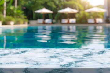Fototapeta premium Empty white marble stone table top and blurred swimming pool in tropical resort in summer banner background - can used for display or montage your products. generative ai.
