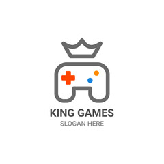 King games logo concept. Minimalist games logo with crown. Joystick Vector illustration.