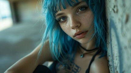 A woman with blue hair leans against a wall in a cinematic scene