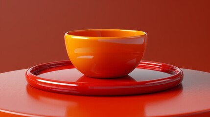  A cup sits on a saucer placed on a red table