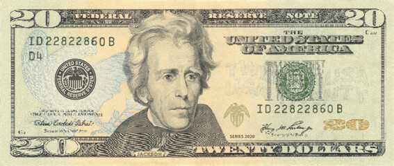 Vector obverse high polygonal pixel mosaic banknote of United States of America. Front side. Denominations of bill 20 dollars. Game money of flyer.