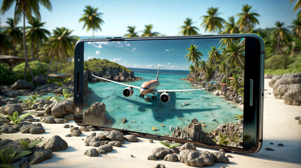 Top view hikers, smartphones, travel bags and aeroplane tourist concepts ai generated