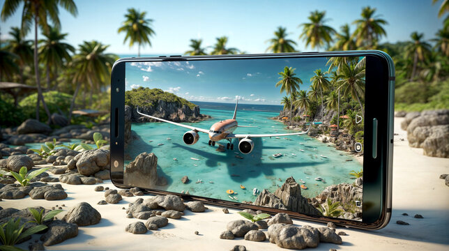 Top view hikers, smartphones, travel bags and aeroplane tourist concepts ai generated