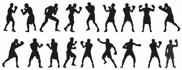 Boxing silhouette. Collection of boxing player in white background. 