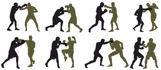 Silhouette of boxing player. Group of boxers with different fighting pose. 