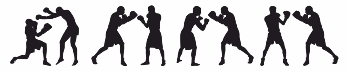 Boxing silhouette. Collection of boxing player in white background. 