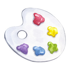 Artist's palette with paints different colors. Painter's tool, colorful samples watercolor, gouache, acrylic or oil. Hand drawn illustration isolated background. Painting picture equipment