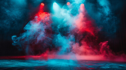 Bright aqua smoke drifting across a stage under a ruby red spotlight, providing a cool, striking visual.