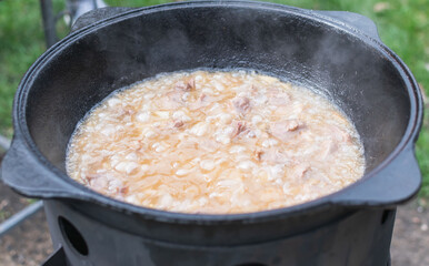 Cooking in a large cauldron in nature
