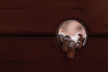 View of a little boy through a hole in a wooden fence