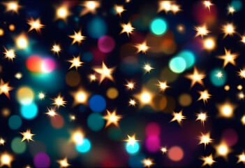A digital art of a colorful and glittery abstract background with twinkling lights and bokeh effects.