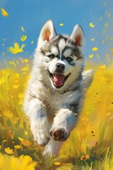 Porträt eines süßen Husky-Welpen auf einem Hintergrund von gelben Blumen