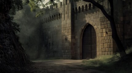 Gate of an abandoned ancient castle against the background of the sky and forest