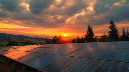 panoramic - solar panel at sunset