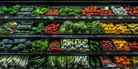 A variety of fresh vegetables displayed in a case. Ideal for grocery store or healthy eating concepts