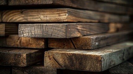 Stack of oak wooden beams and boards