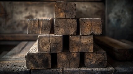 Stack of oak wooden beams and boards