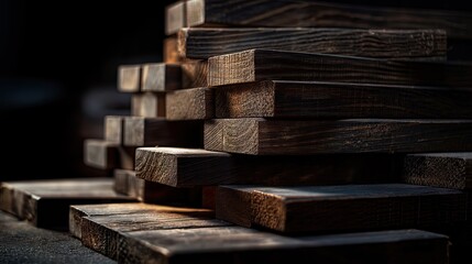 Stack of oak wooden beams and boards