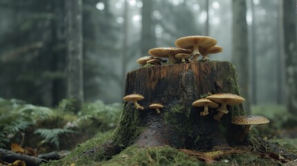 A very beautiful stump on which mushrooms grow in the forest thicket