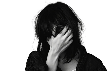 Sad Woman with Hand Covering Face On Transparent Background.