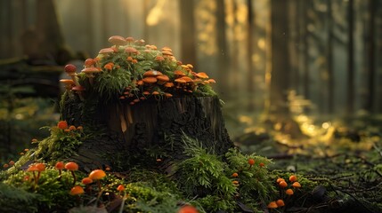 A very beautiful stump on which mushrooms grow in the forest thicket