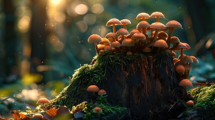 A very beautiful stump on which mushrooms grow in the forest thicket