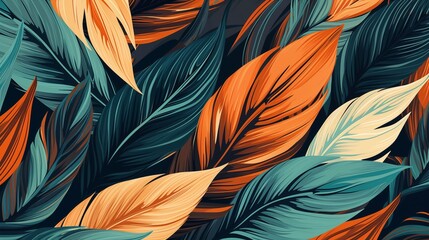 Vibrant Illustration of Stylized Tropical Leaves in Patterned Design.