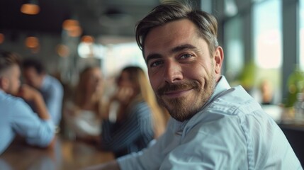 Obraz premium A man with a beard sitting at a table. Suitable for various concepts and designs