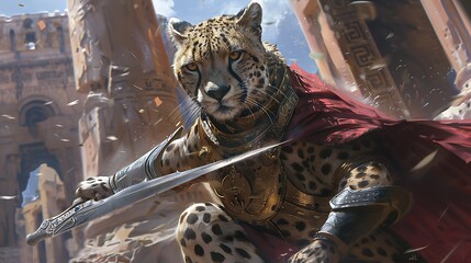 A sleek cheetah, bedecked in gleaming armor and wielding a gleaming sword, prowls through the ancient ruins of a forgotten kingdom, its golden eyes ablaze with fierce determination.