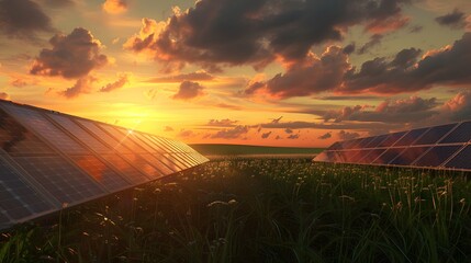 panoramic - solar panel at sunset
