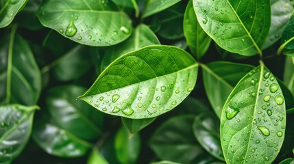 Fototapeta premium A tight shot of a single green leaf, dotted with water droplets, against a backdrop of undulating green foliage