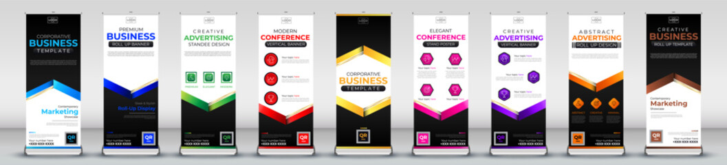 creative business roll up banner collection for meetings, events, promotions, marketing in light blue, blue, green, red, yellow, pink, purple, orange, brown