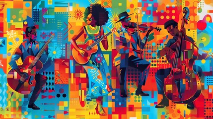 A jazz band plays amidst an abstract, colorful backdrop, featuring a diverse group of musicians with various instruments
