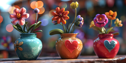Three vases of colorful flowers on the table with blurred defocused bokeh background.
