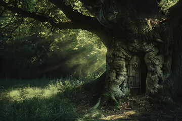 Ancient Tree with Doors, Portal-bearing trunk, Mystical woodland